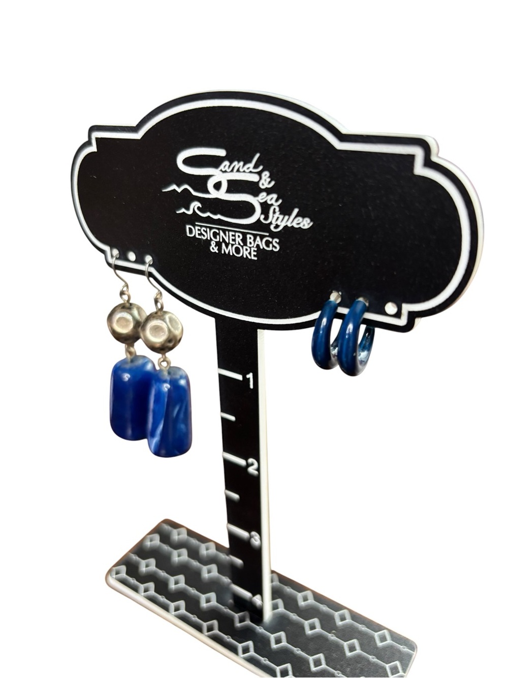 Blue Marbled Stone & Silver Tone Dangle Earrings + Blue Hoop Earrings (2 pair) - Picture 4 of 4